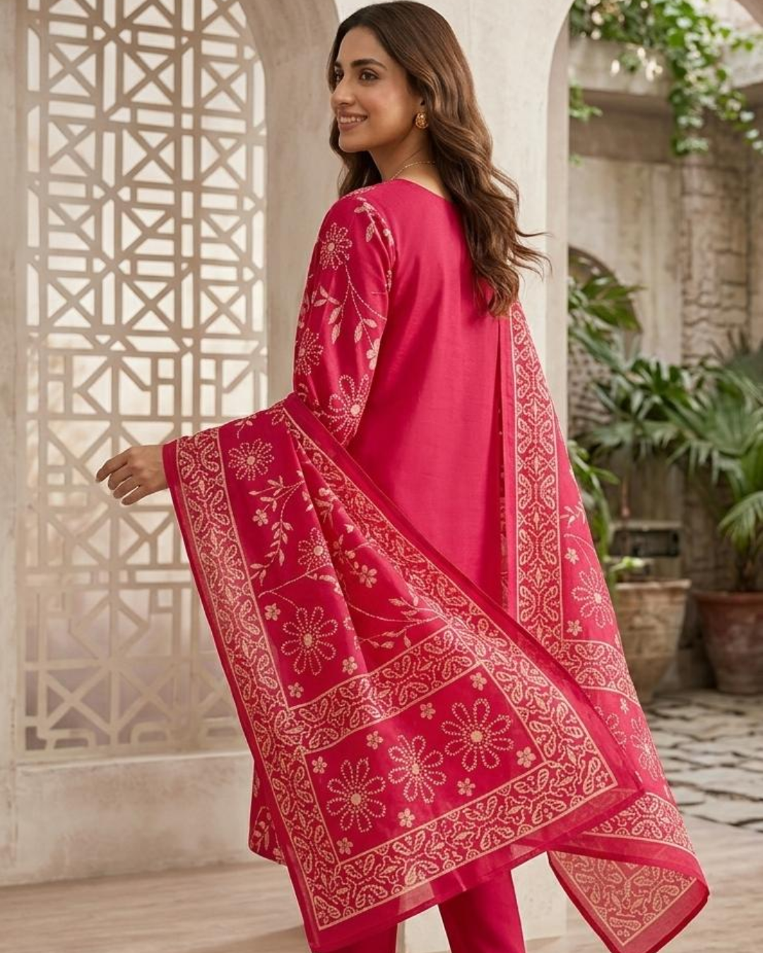 Fuchsia Pink Floral Print Cotton Salwar Suit Material with Matching Dupatta