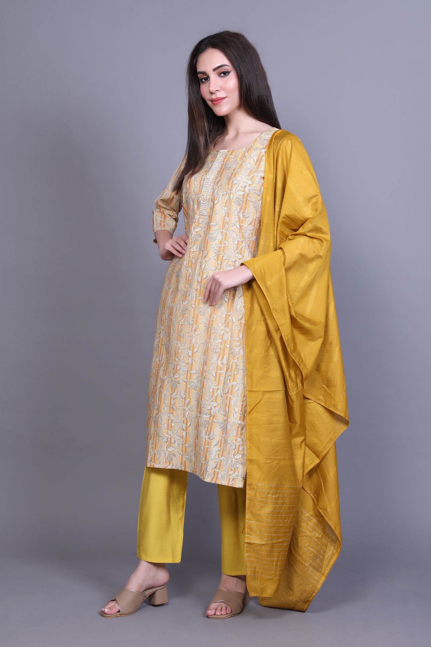 Mustard Yellow Printed Kurta Set