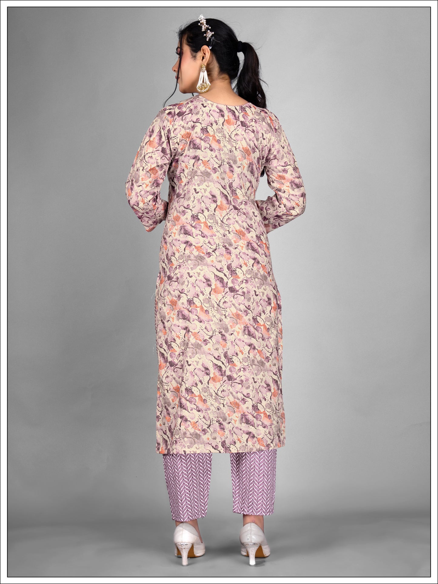 Printed Pink Kurti with Cigarette Pants and Dupatta