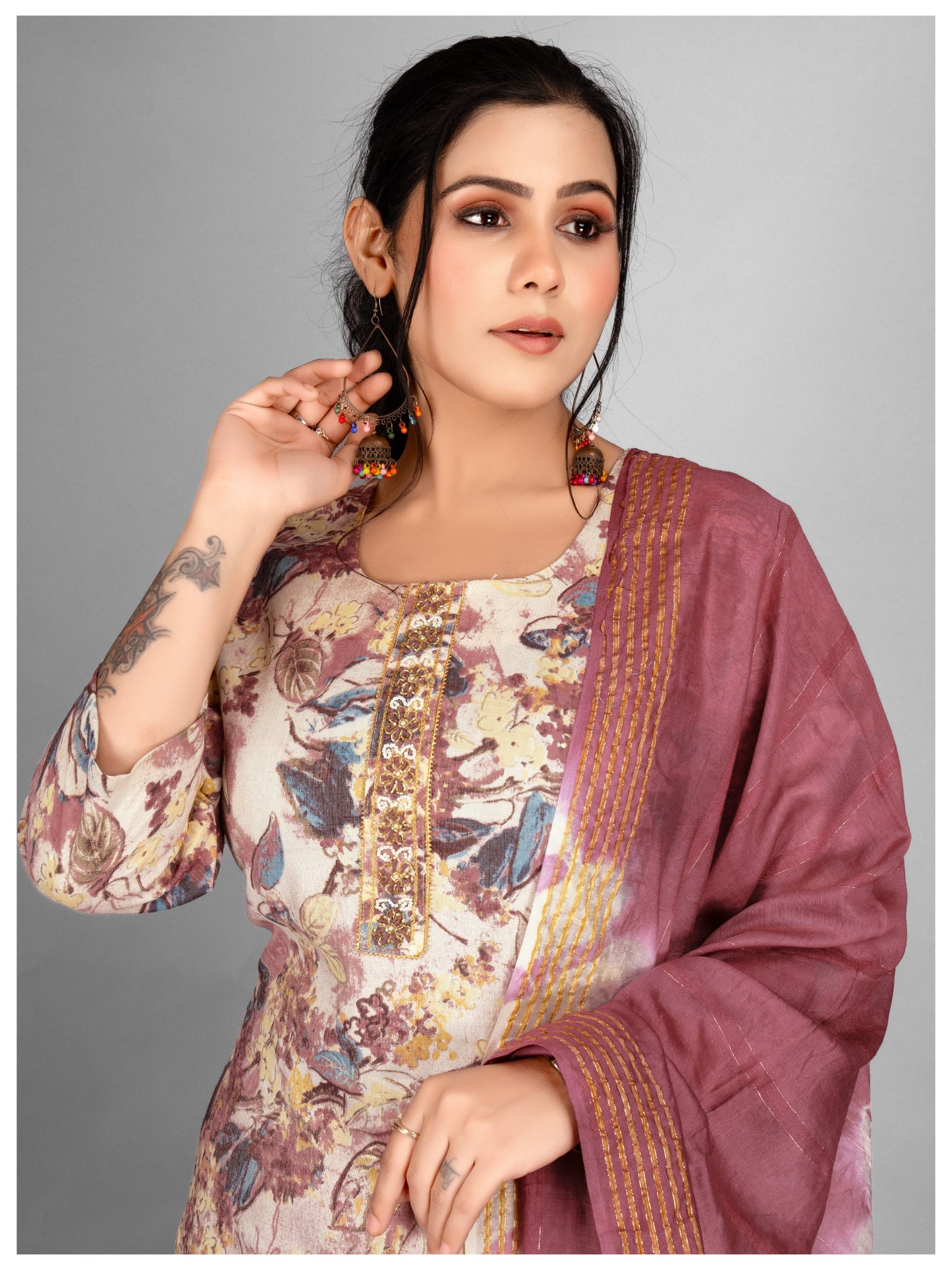 Designer Kurti Pant Dupatta Set Pink