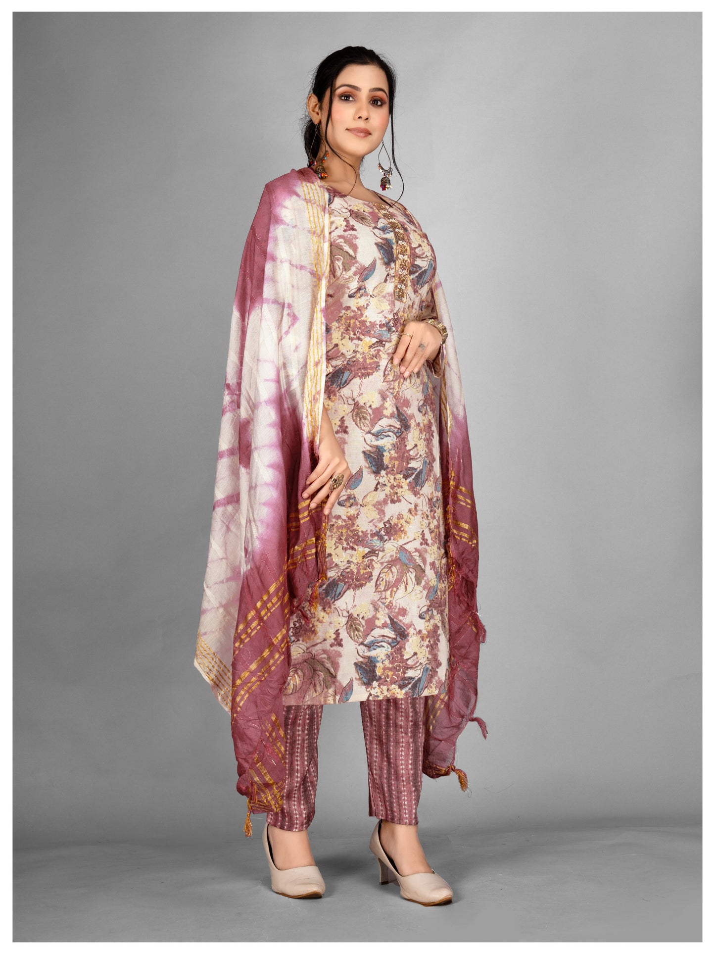 Designer Kurti Pant Dupatta Set Pink