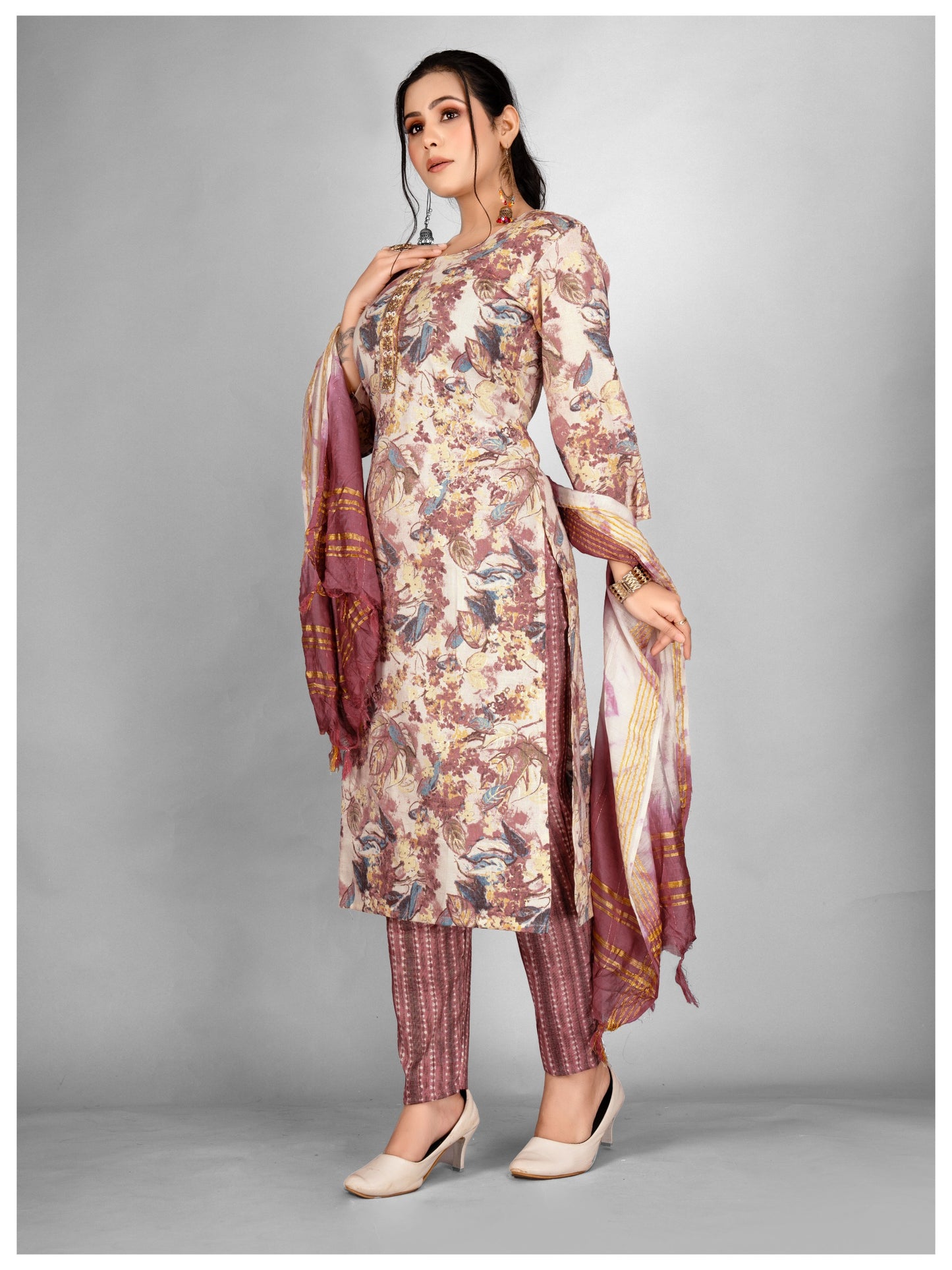 Designer Kurti Pant Dupatta Set Pink