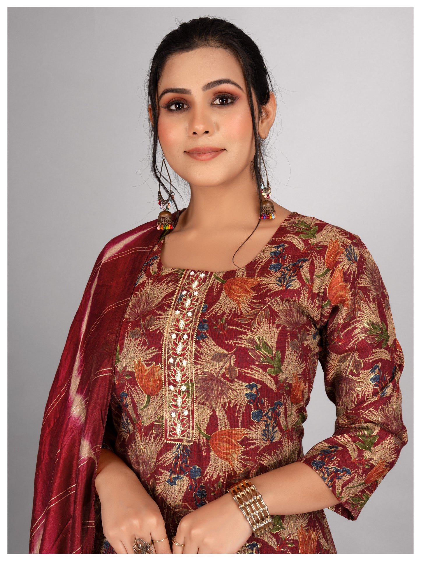 Festive Kurti Pant & Dupatta Red Set