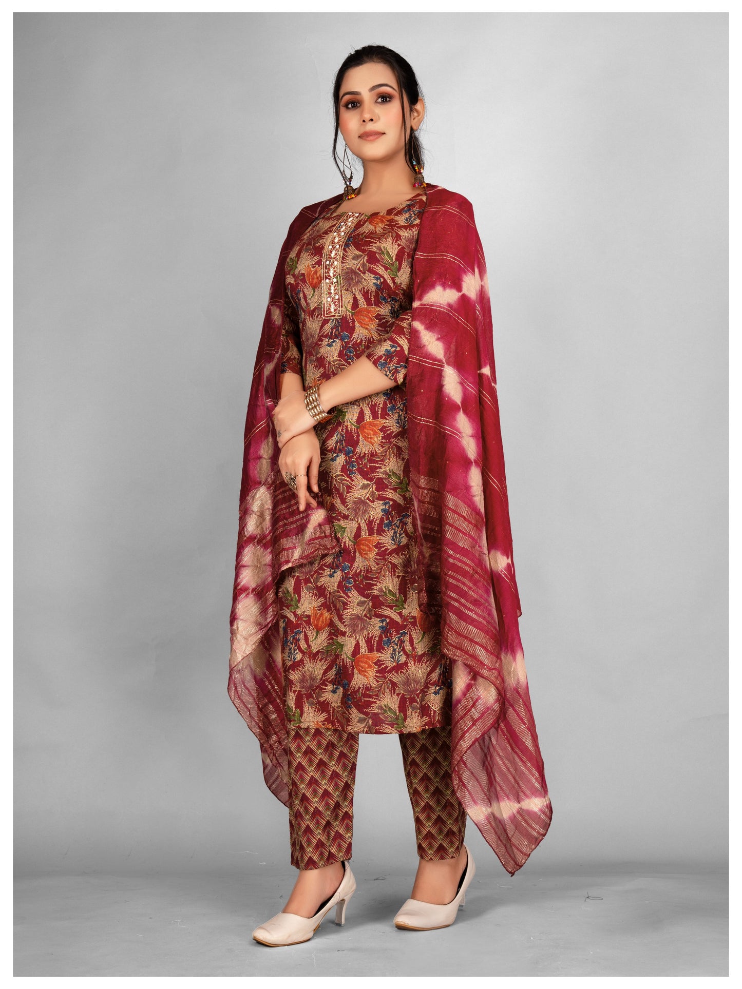 Festive Kurti Pant & Dupatta Red Set