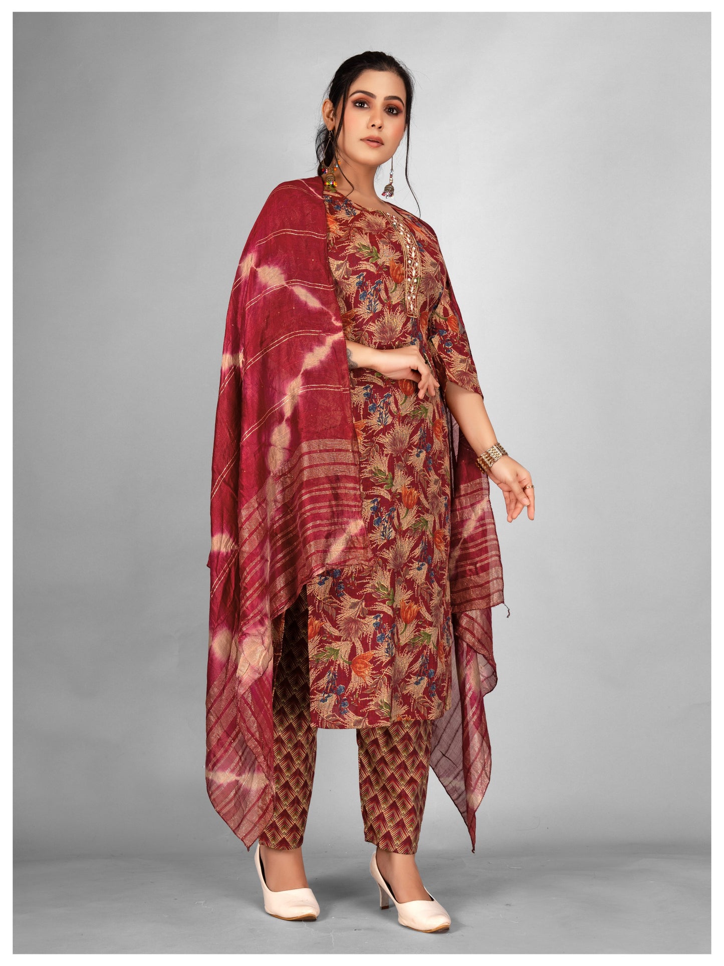 Festive Kurti Pant & Dupatta Red Set