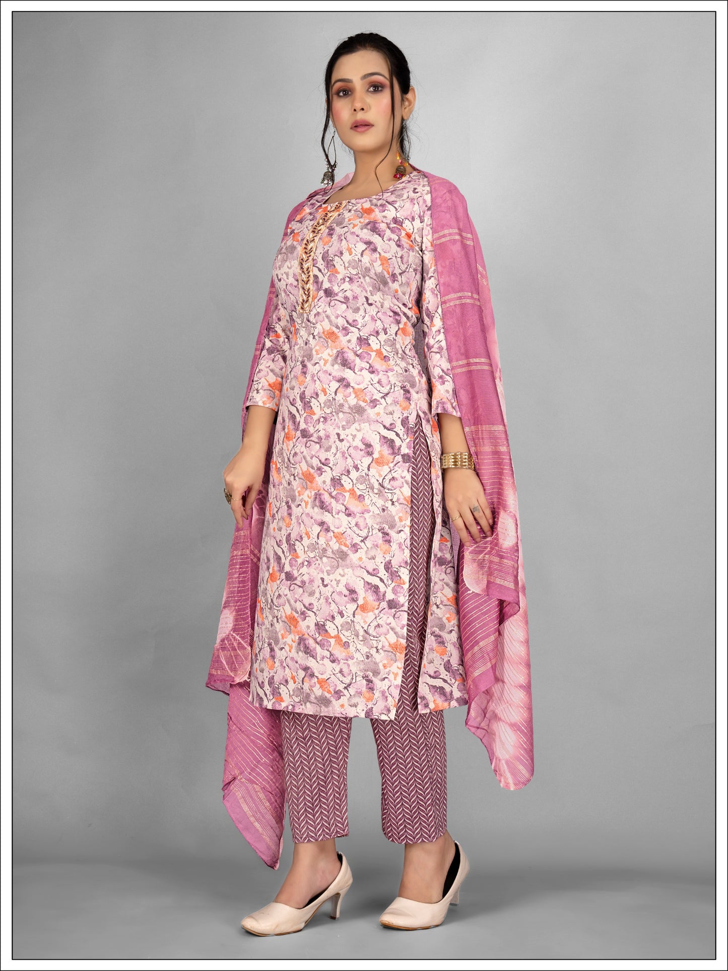 Printed Pink Kurti with Cigarette Pants and Dupatta