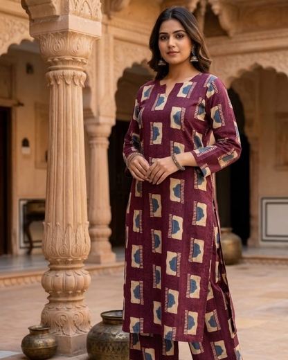 Elegant Maroon Block-Print Kurta & Palazzo Set