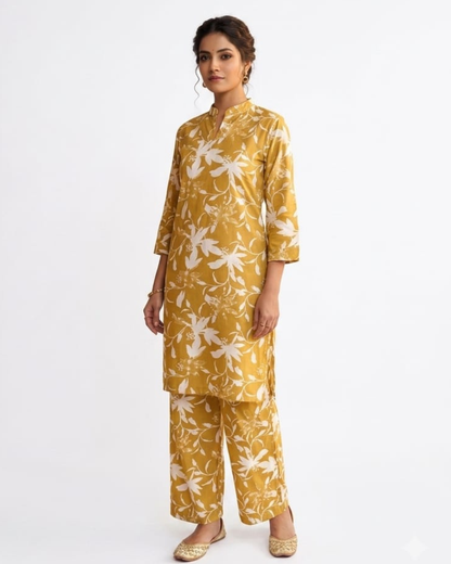 Women's Mauve Floral Print Cotton Kurta with Matching Wide-Leg Palazzos
