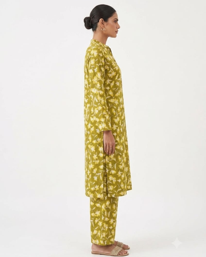 Teal Jasmine Premium Lafer Cotton Kurta & Palazzo Set
