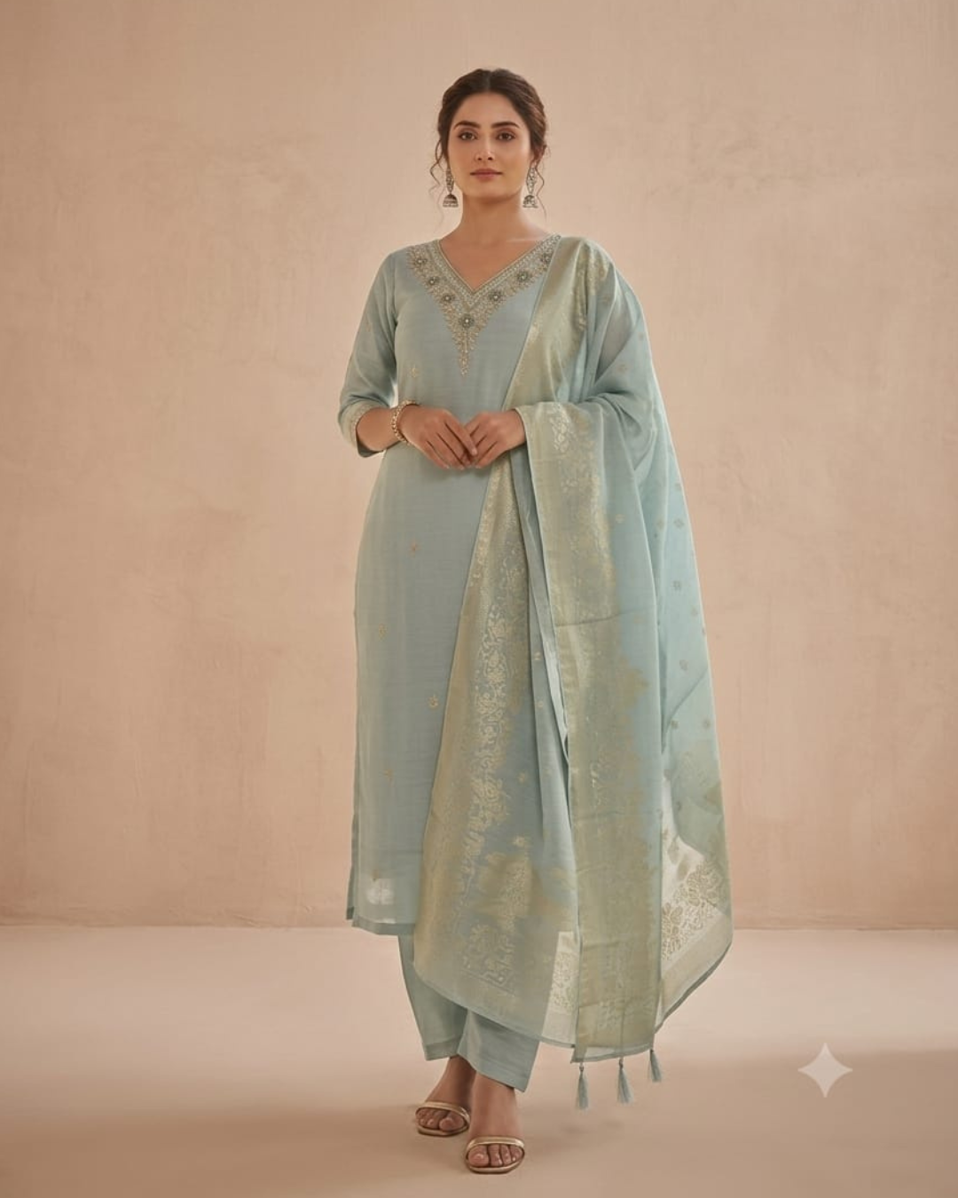Blue viscose Kurthi set with Banarasi dupatta