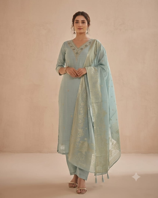 Blue viscose Kurthi set with Banarasi dupatta