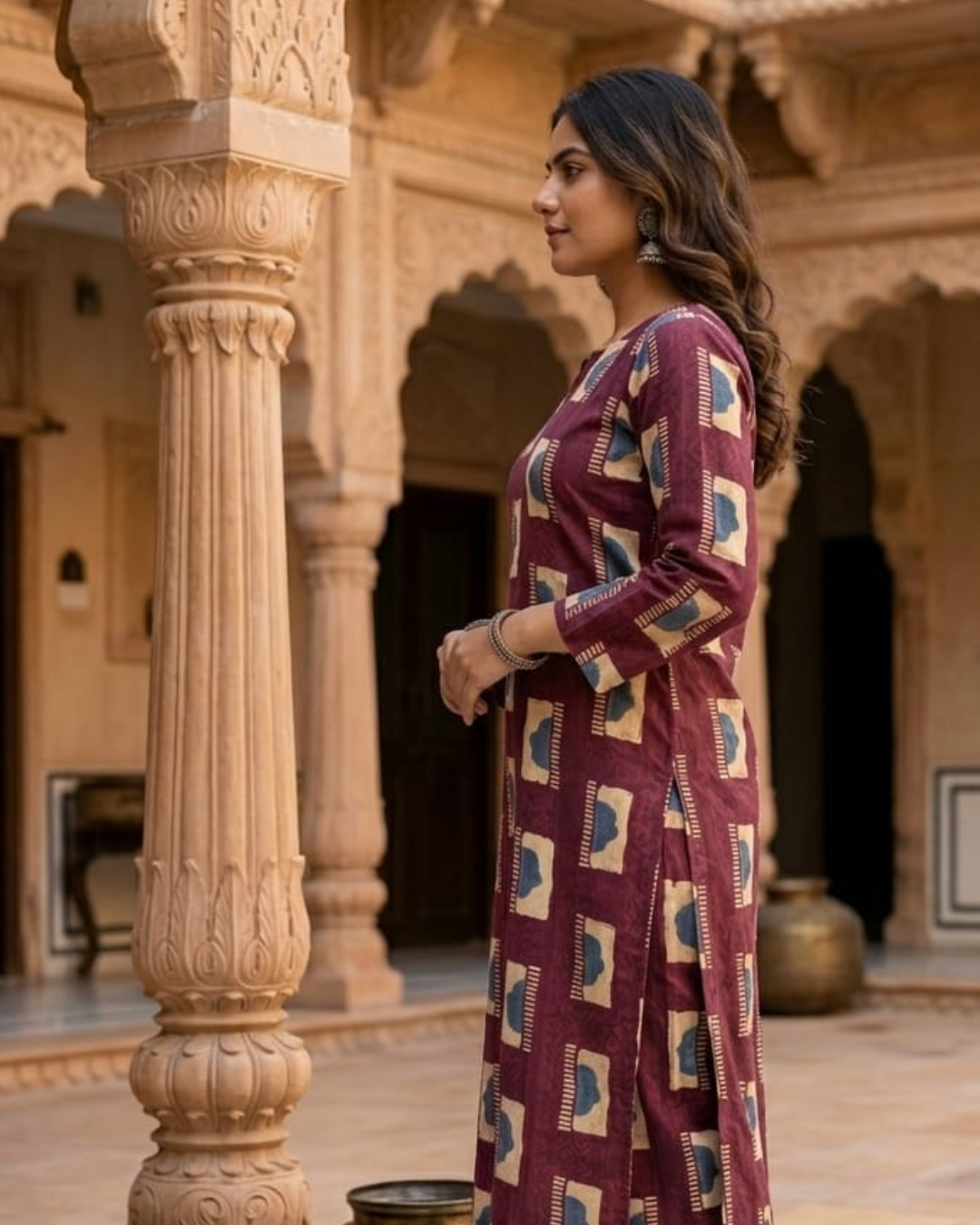 Elegant Maroon Block-Print Kurta & Palazzo Set