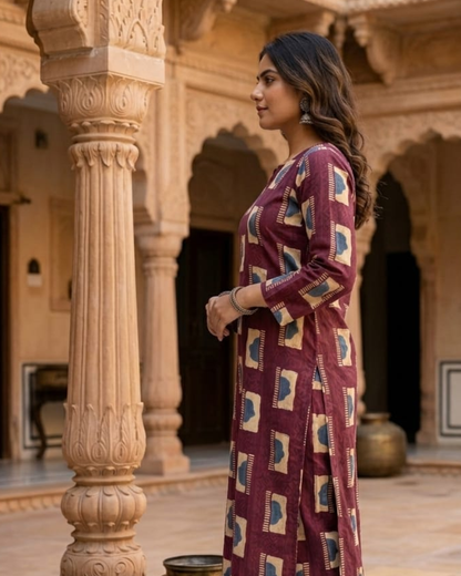 Elegant Maroon Block-Print Kurta & Palazzo Set