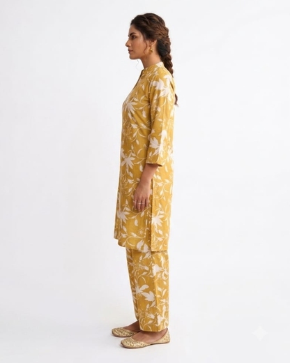 Women's Mauve Floral Print Cotton Kurta with Matching Wide-Leg Palazzos