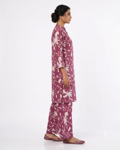 Women's Mauve Floral Print Cotton Kurta with Matching Wide-Leg Palazzos