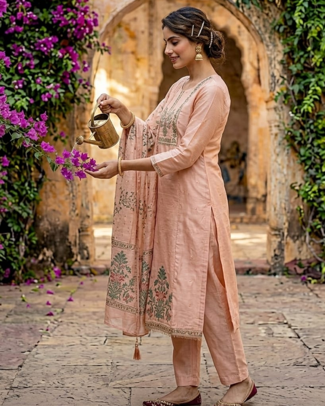 Peach Chanderi Silk Embroidered Kurta Set with Dupatta