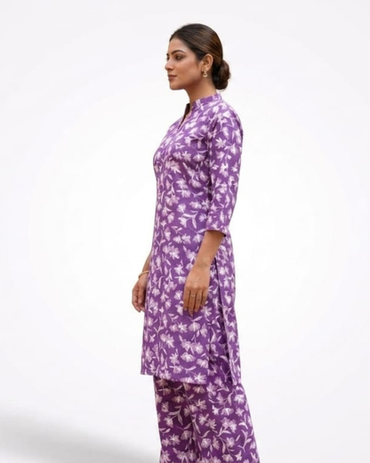 Teal Jasmine Premium Lafer Cotton Kurta & Palazzo Set
