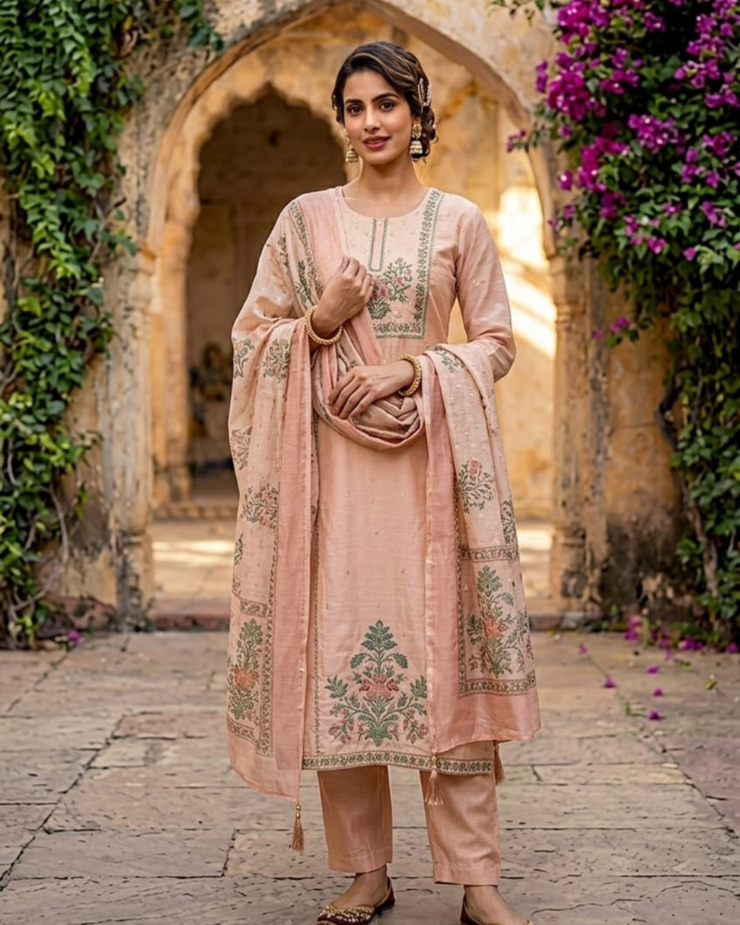 Peach Chanderi Silk Embroidered Kurta Set with Dupatta