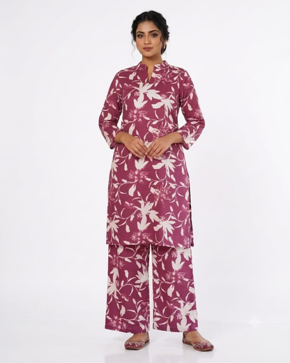 Women's Mauve Floral Print Cotton Kurta with Matching Wide-Leg Palazzos