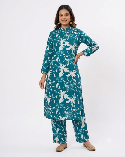 Women's Mauve Floral Print Cotton Kurta with Matching Wide-Leg Palazzos