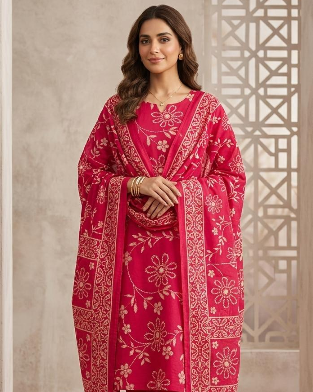 Fuchsia Pink Floral Print Cotton Salwar Suit Material with Matching Dupatta