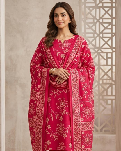 Fuchsia Pink Floral Print Cotton Salwar Suit Material with Matching Dupatta