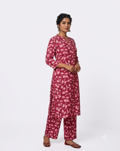 Teal Jasmine Premium Lafer Cotton Kurta & Palazzo Set