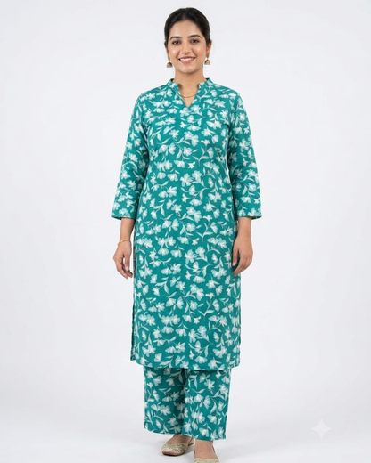 Teal Jasmine Premium Lafer Cotton Kurta & Palazzo Set