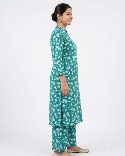 Teal Jasmine Premium Lafer Cotton Kurta & Palazzo Set