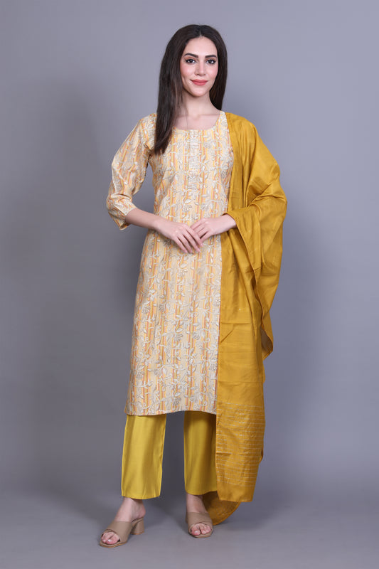 Mustard Yellow Printed Kurta Set