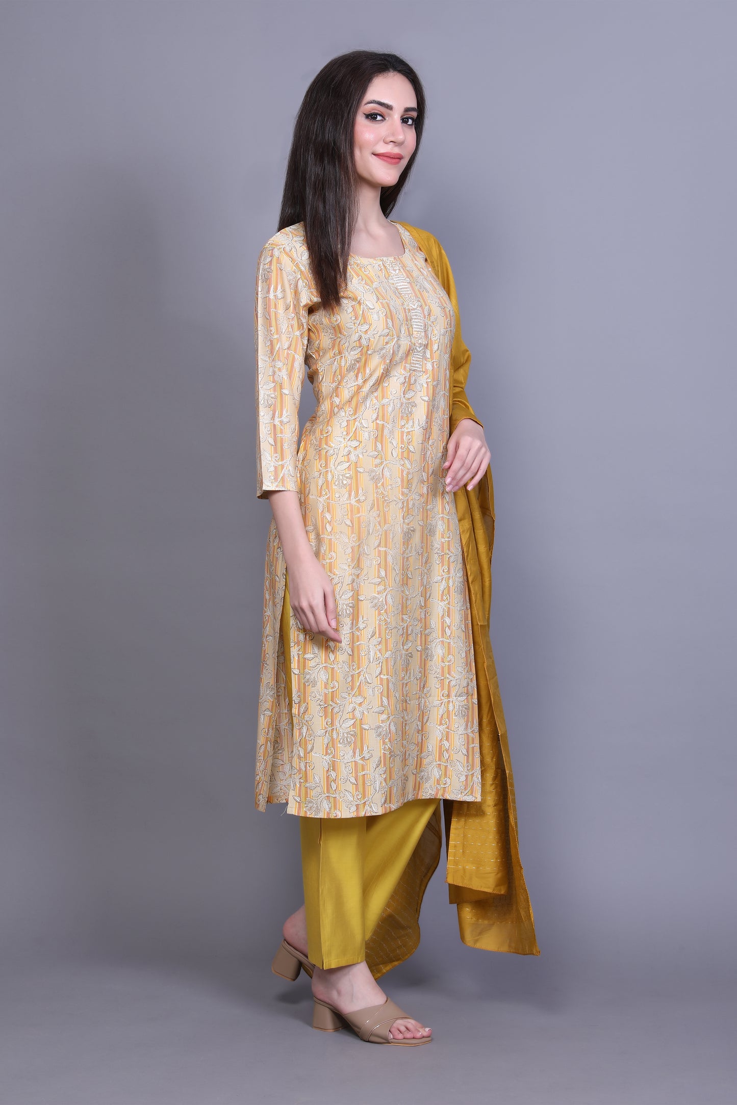 Mustard Yellow Printed Kurta Set