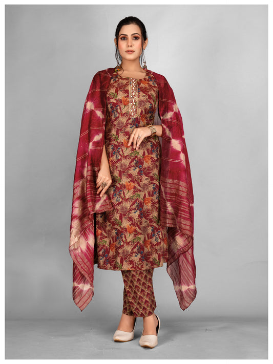 Festive Kurti Pant & Dupatta Red Set