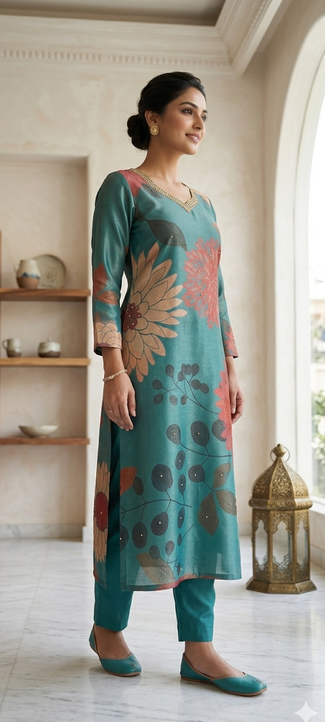 Floral Serenity Teal Simmer Kurti