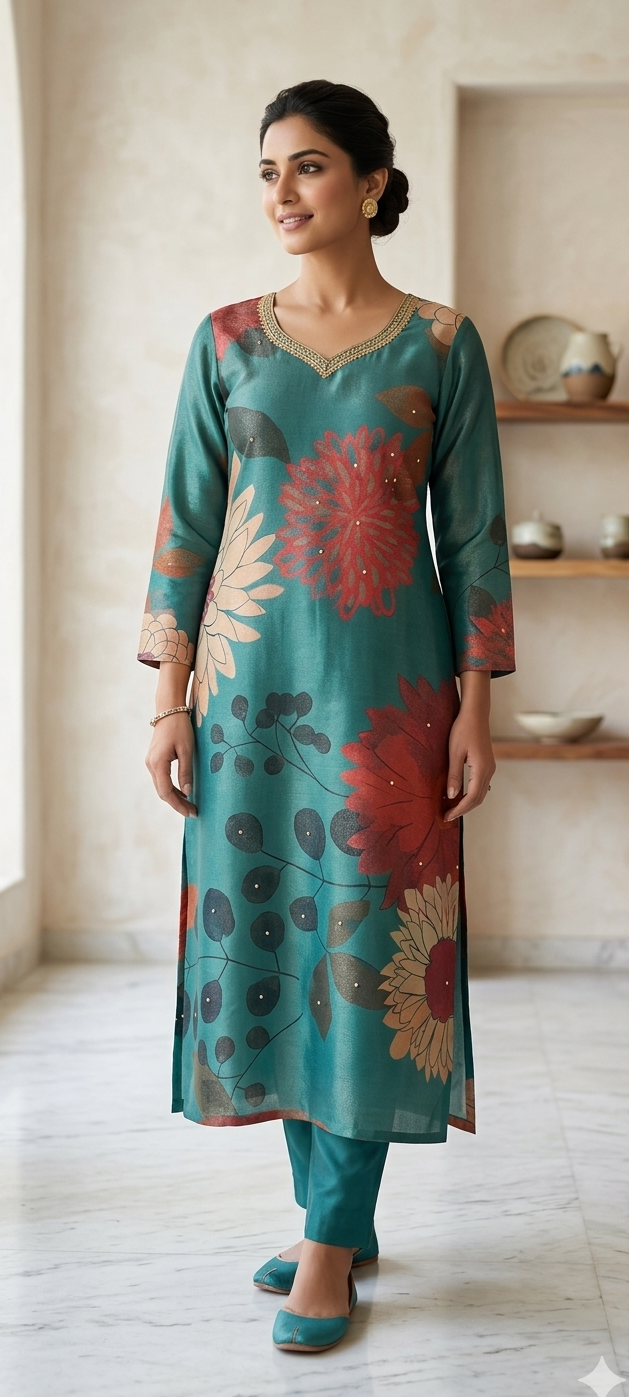Floral Serenity Teal Simmer Kurti